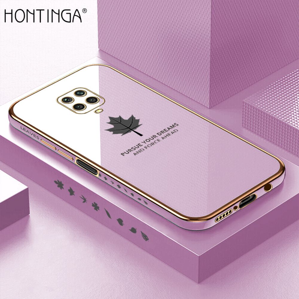 Hontinga for Redmi Note 9S / Note 9 Pro / Note 9 Pro Max / Xiaomi Poco M2 Pro Back Cover + Free Lanyard Luxury 6D Plating Shiny Maple leaf Phone Case Soft Silicone Square Mobile Cover