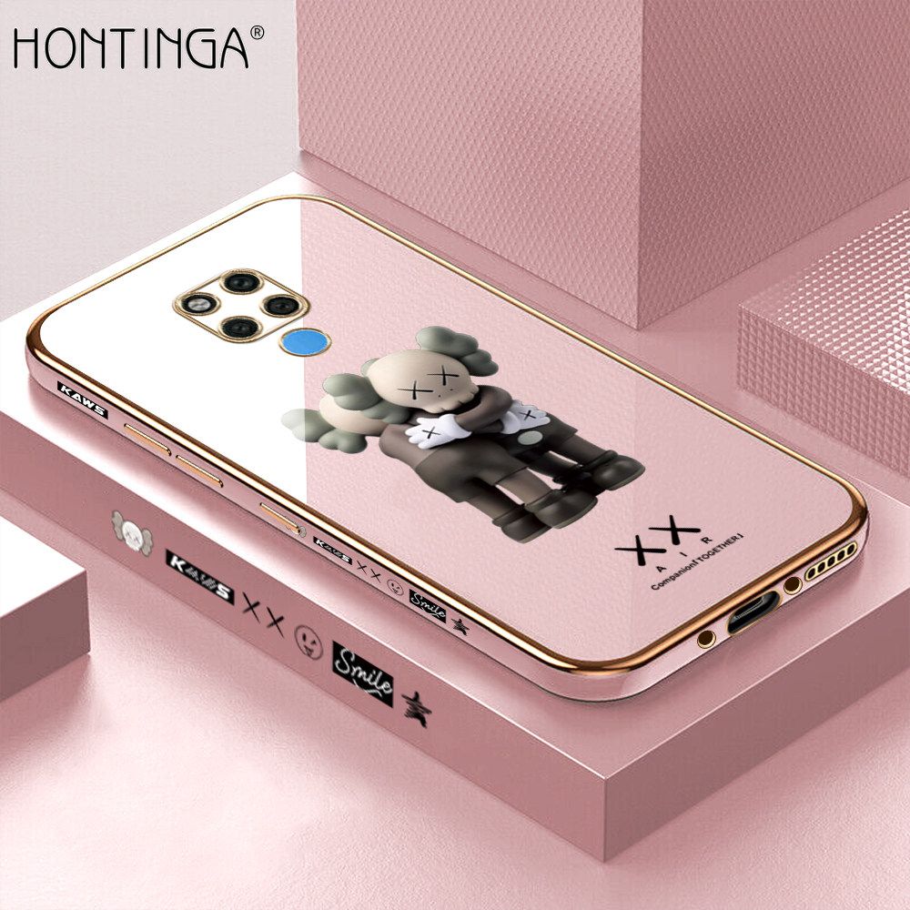Hontinga for Huawei Mate 20 X Case Luxury 6D Plating Soft Casing Silicone Square Frame Phone Cases Shiny Bling Side Print Cartoon Hug bear Phone Cover