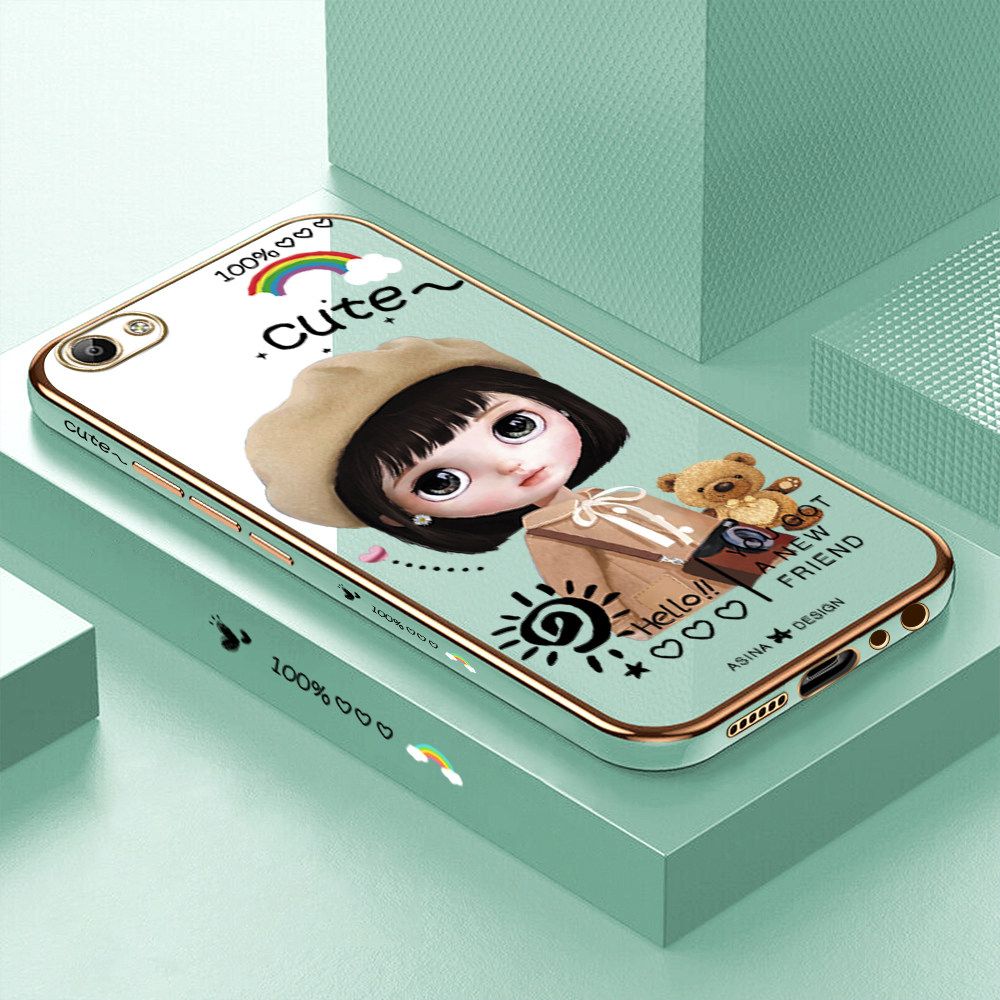 Luxury 6D Plating Soft Casing Silicone Square Frame Phone Case For Vivo V5 Case Shiny Bling Back Cover Cute Girl With Shoulder Bag Square Edge Pattern Design Soft Case + Free Lanyard