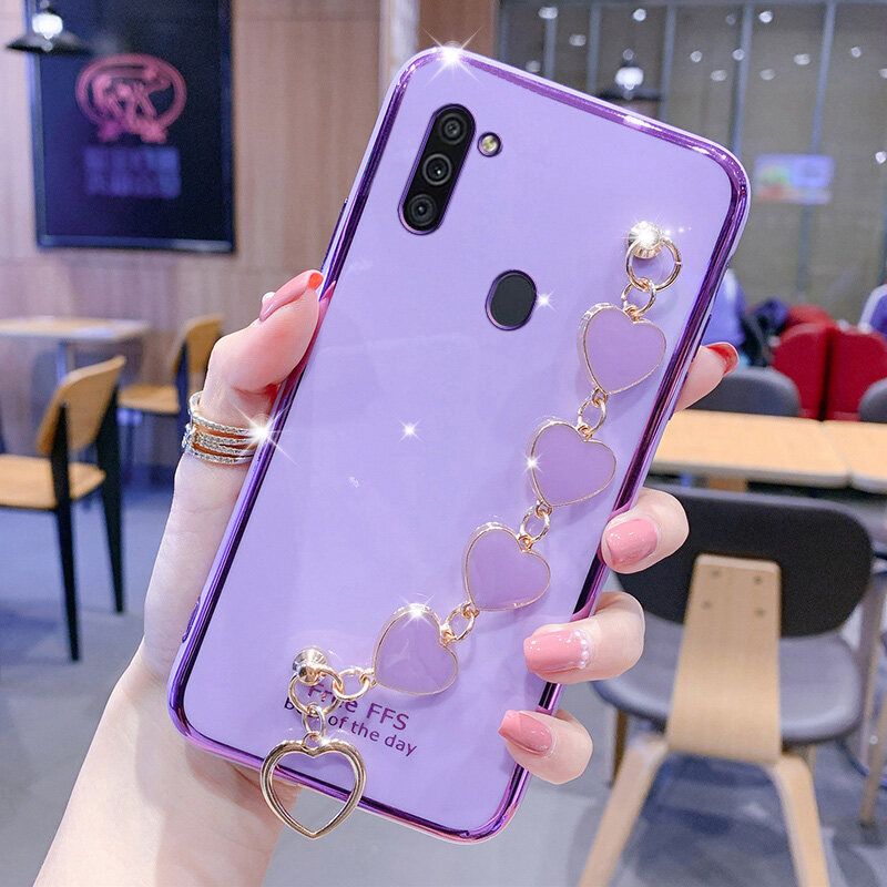 For Samsung Galaxy A11 / M11 Cover + Love Heart Bracelet Fashion Shiny Wrist Chain Plating Bumper Slim Phone Case Soft TPU Silicone Shockproof Protective Back Cover