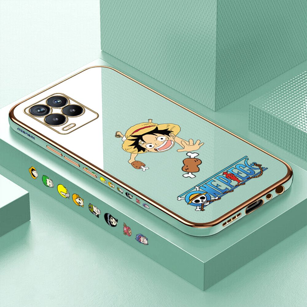 Luxury 6D Plating Case for Realme 8/8 Pro Cartoon Meaty Luffy Side Pattern Back Cover Soft Silicone Square Phone Cases + Free Lanyard