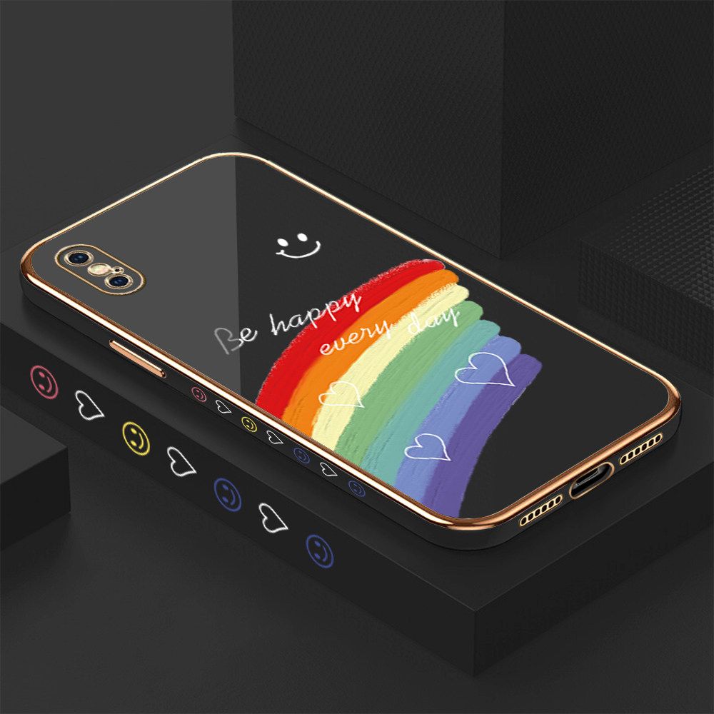 Luxury 6D Plating Case for iPhone XS Smile Rainbow Lover Heart Side Pattern Back Cover Soft Silicone Square Frame Shiny Bling Phone Cases + Free Lanyard
