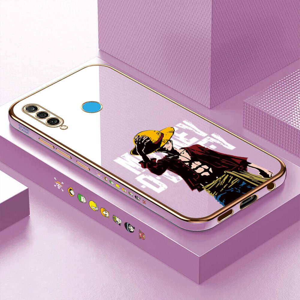 Luxury 6D Plating Case for Huawei Nova 4E Anime Cartoon Cool Luffy Side Pattern Back Cover Soft Silicone Square Frame Shiny Bling Phone Cases + Free Lanyard