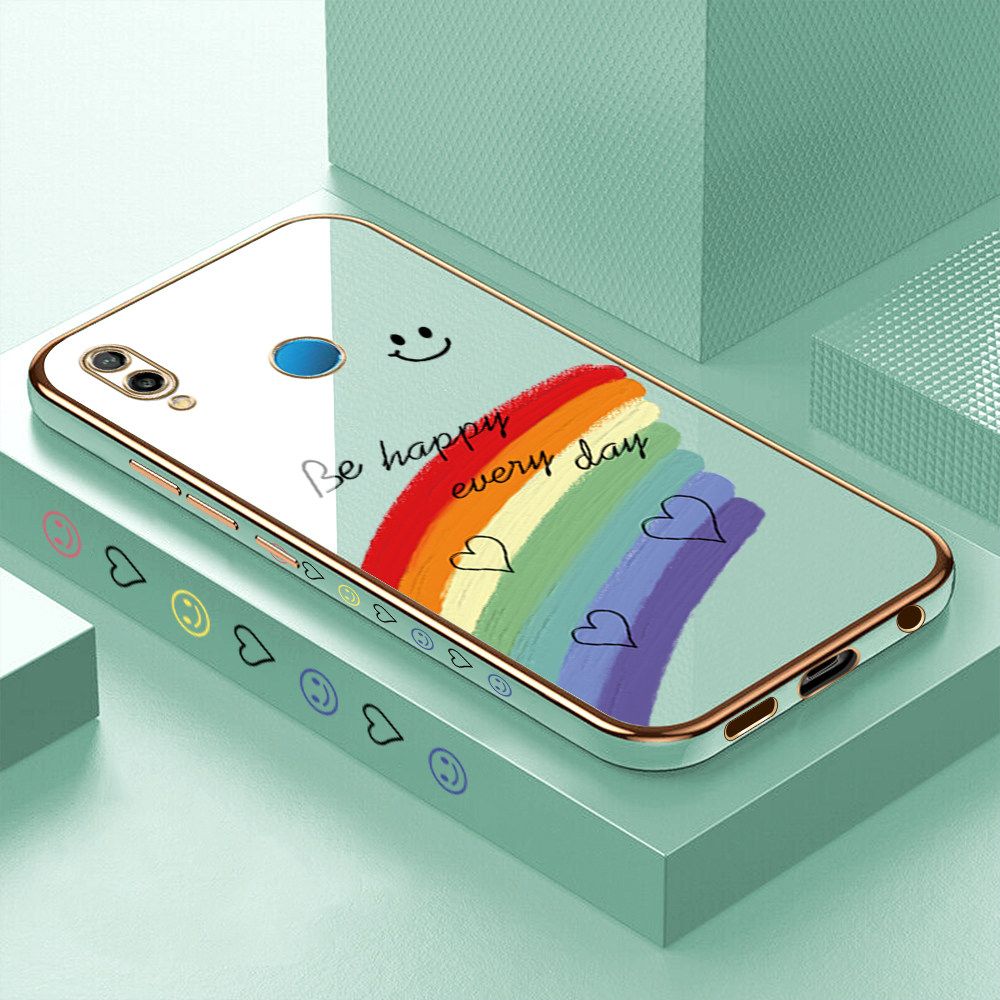 Luxury 6D Plating Case for Huawei Nova 3E Smile Rainbow Lover Heart Side Pattern Back Cover Soft Silicone Square Frame Shiny Bling Phone Cases + Free Lanyard