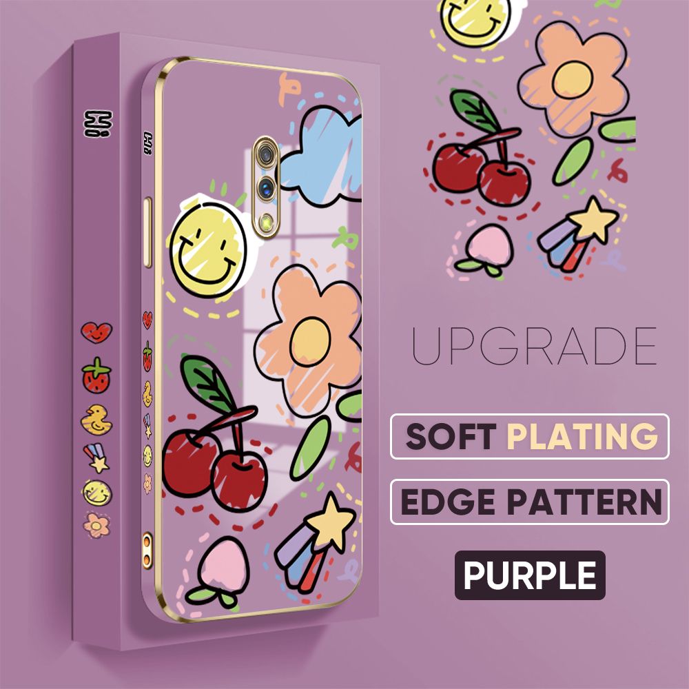 TA for Realme X / OPPO K3 Back Cover + Free Lanyard Colorful Fruit Painting Luxury 6D Plating Case Side Pattern Soft Silicone Square Phone Cases
