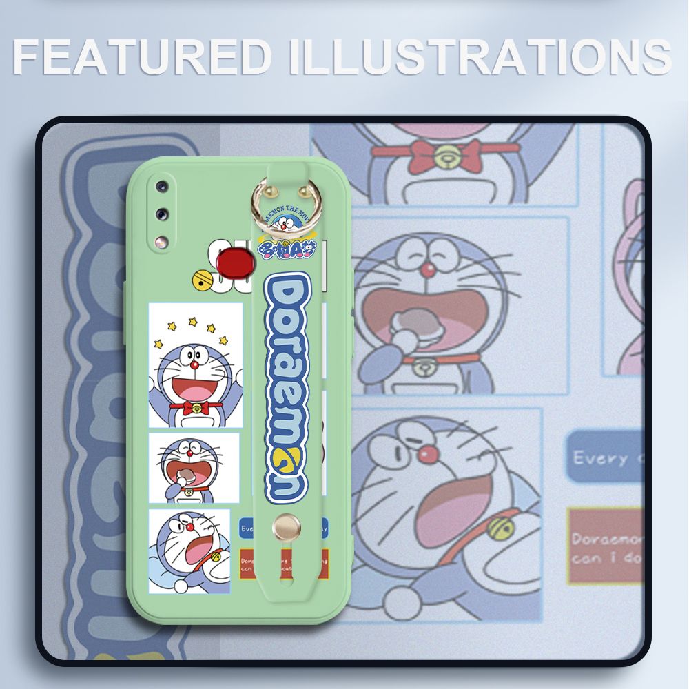 UCUC for Samsung Galaxy A10S Wrist Strap Case Creative Cartoon Doraemon's Daily Life Cover Ultra Thin Anti Fall Liquid Silicone Phone Case