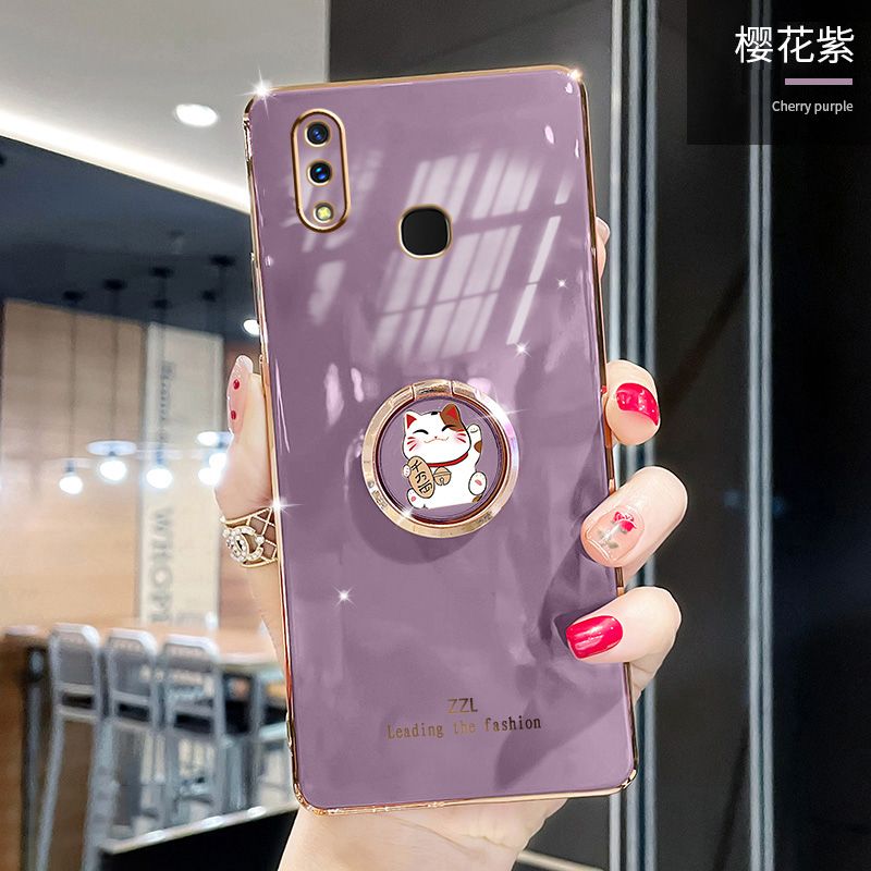 For Vivo Y93 Cover + Ring Holder Stand Shiny Plating Square Bumper Phone Case Lens Protection Soft Silicone Shockproof Protective Back Cover