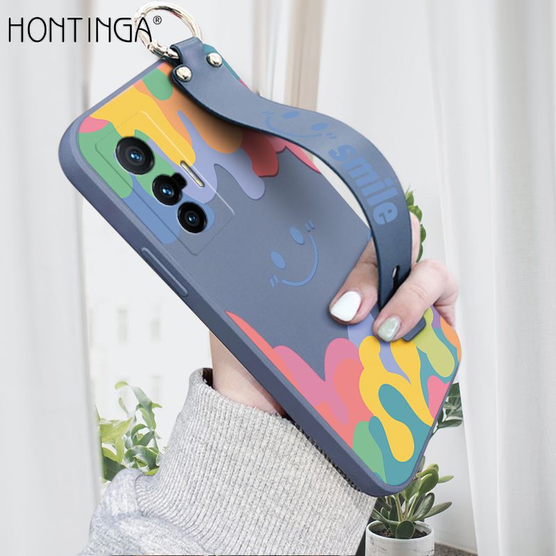 Hontinga for Vivo X70 5G Wrist Strap Case Soft Candy Color Splash Ink Cover Trend Square Printed Pattern Liquid Silicone Phone Case