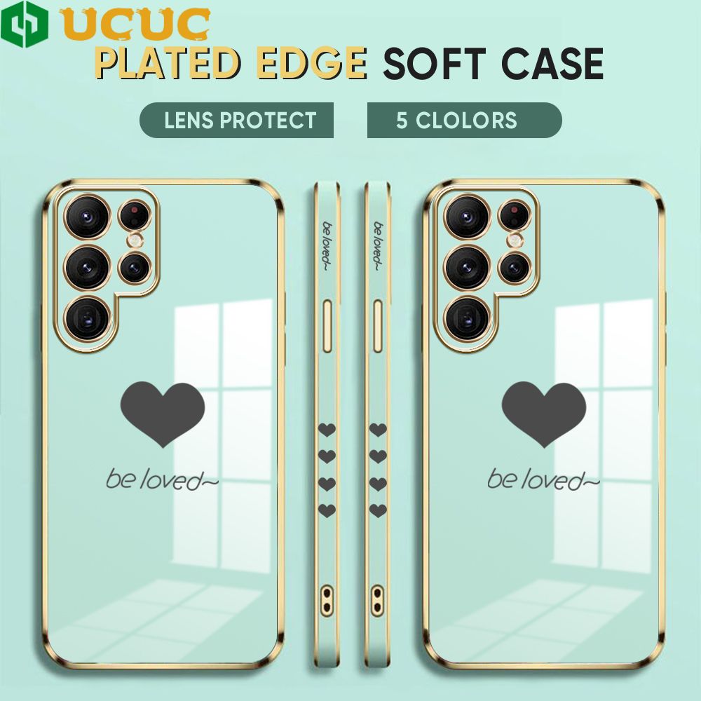 UCUC for Samsung Galaxy S22 Ultra 5G Back Cover + Free Lanyard Lover Heart Luxury 6D Plating Case Side Pattern Soft Silicone Square Phone Cases
