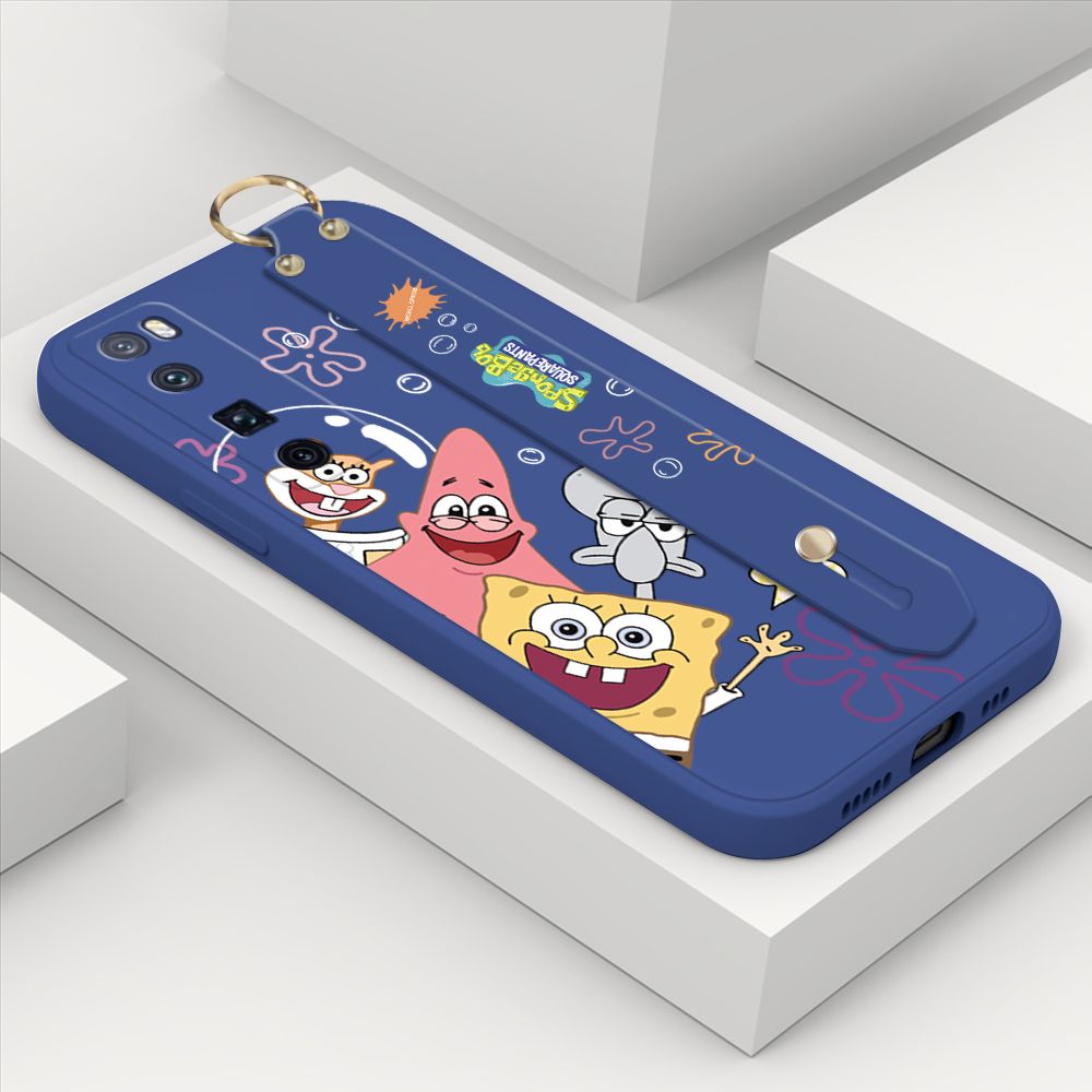 ZeroQiQi for Huawei Nova 7 Pro Wrist Strap Case Cute Cute Funny Cartoon Sponge for Square Pants Cover Square Edge Liquid Silicone Anti-drop Phone Case