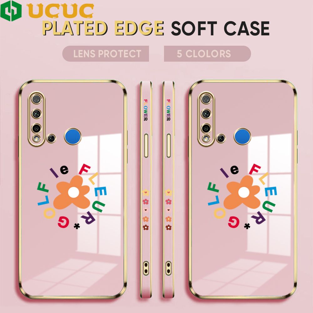 UCUC for Huawei Nova 5i / P20 Lite 2019 Back Cover + Free Lanyard Colorful Flower Luxury 6D Plating Case Side Pattern Soft Silicone Square Phone Cases