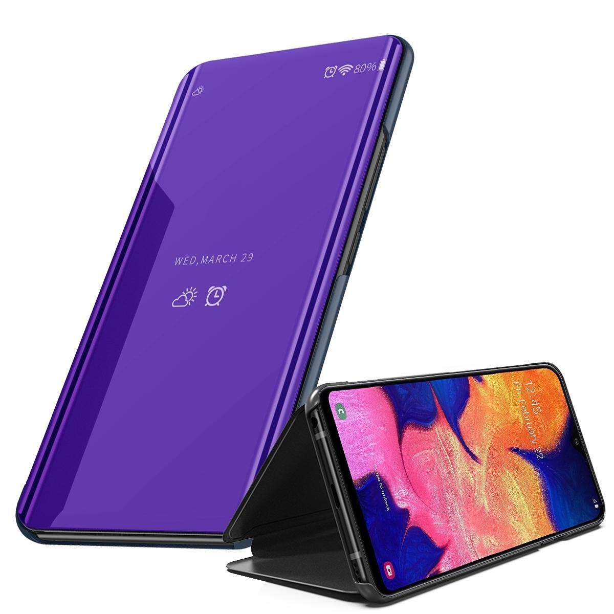 For Samsung Galaxy A10 Mirror Plating Hard PC -PU Leather Translucent Standing View Case Cover