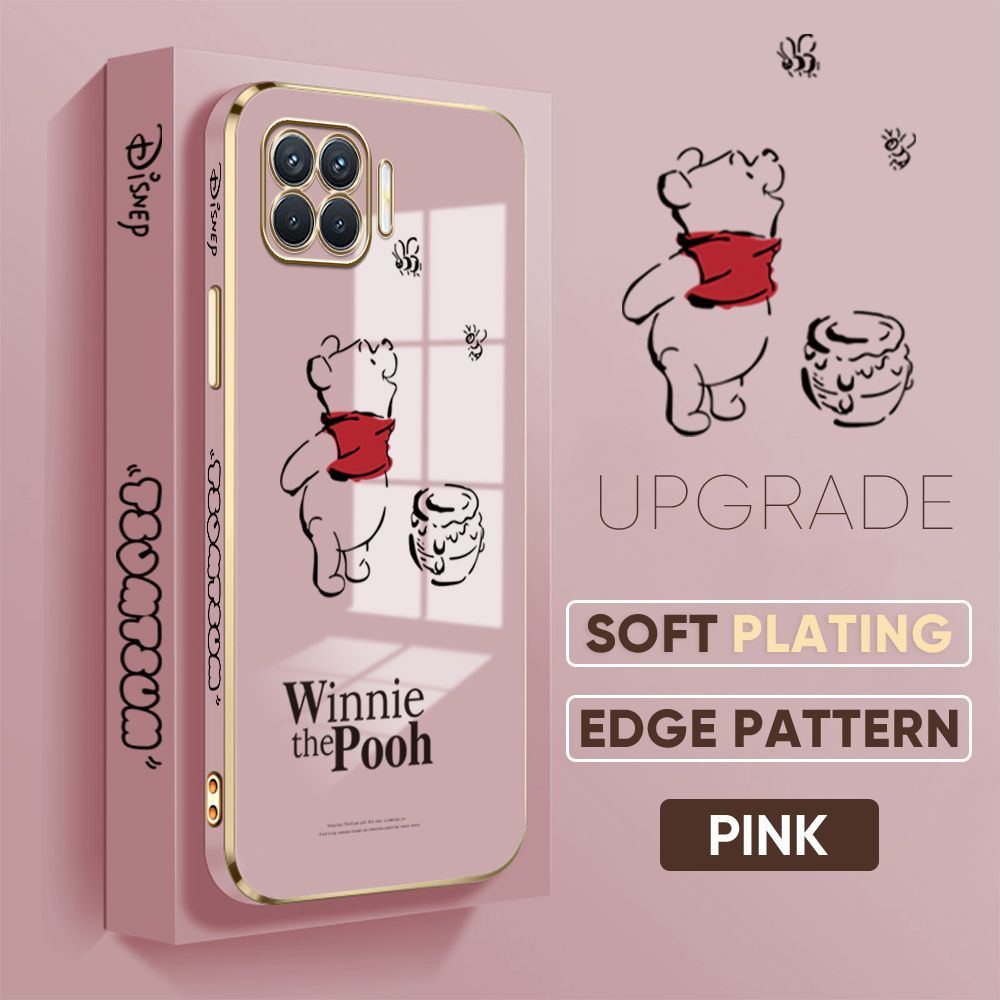 Jizetin (Free Lanyard) OPPO A93 2020 / Reno4 F / F17 Pro Back Cover Honeypot Pooh Luxury 6D Plating Case Side Pattern Soft Silicone Square Mobile Phone Cases