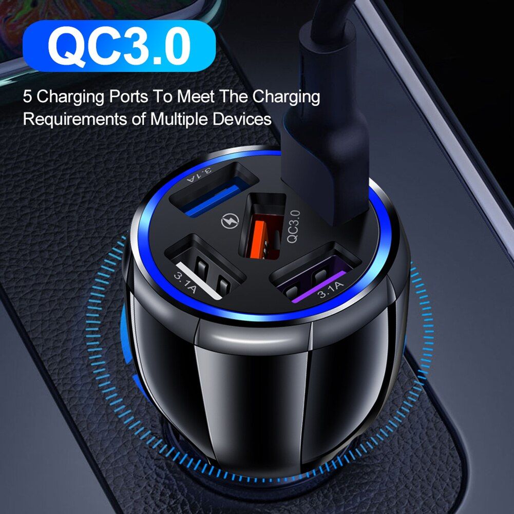5USB QC3.0 Car Charger 3.1A Multi Ports Phone Fast Quick Charging PC Fire Retardant Material General Motors(Black) Charger Parts
