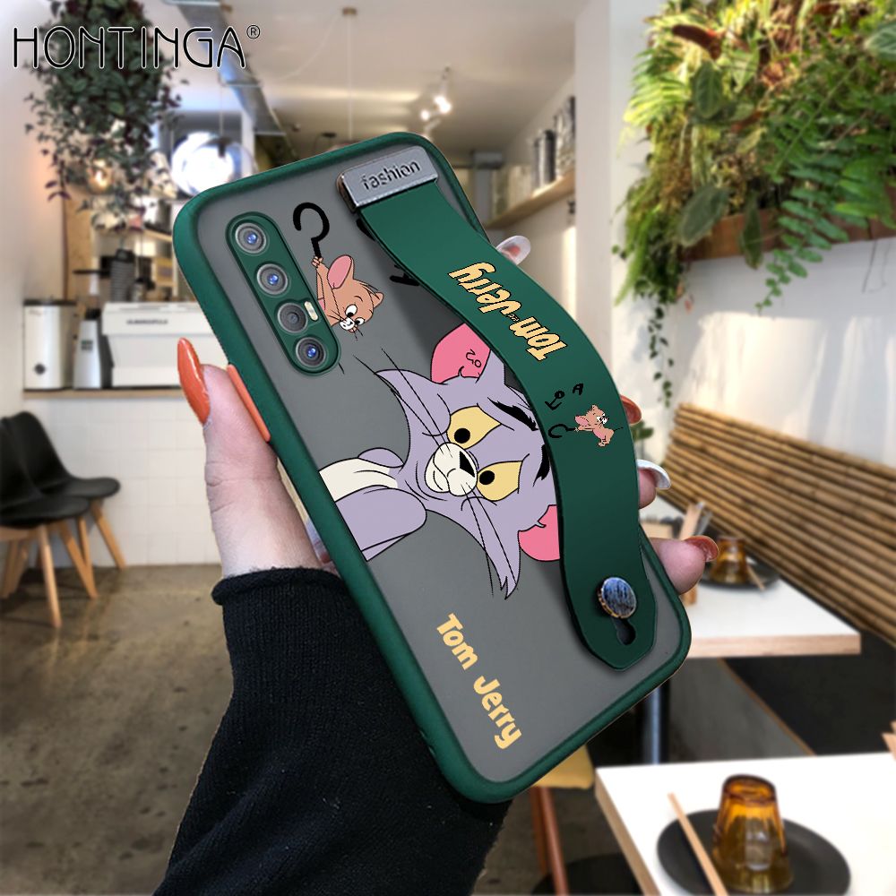 Hontinga for OPPO Reno3 Pro 5G Back Cover With Wristband Popular Cartoon Pattern Phone Casee Full Lens Protection Thin Frosted Cases