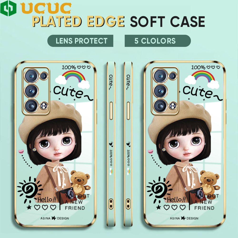 UCUC for OPPO Reno6 Pro 5G / Reno6 Pro+ 5G Back Cover + Free Lanyard Sunshine Girl Luxury 6D Plating Case Side Pattern Soft Silicone Square Phone Cases