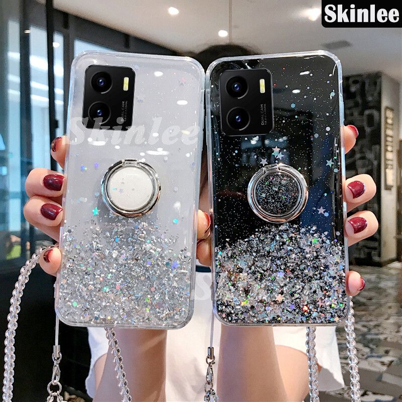Phone Case for OPPO A76 Glitter Starry Sky Bling Ring Lanyard Shiny Soft Cases for OPPO A76 Transparent Holder Stand Back Cover Stars Girls