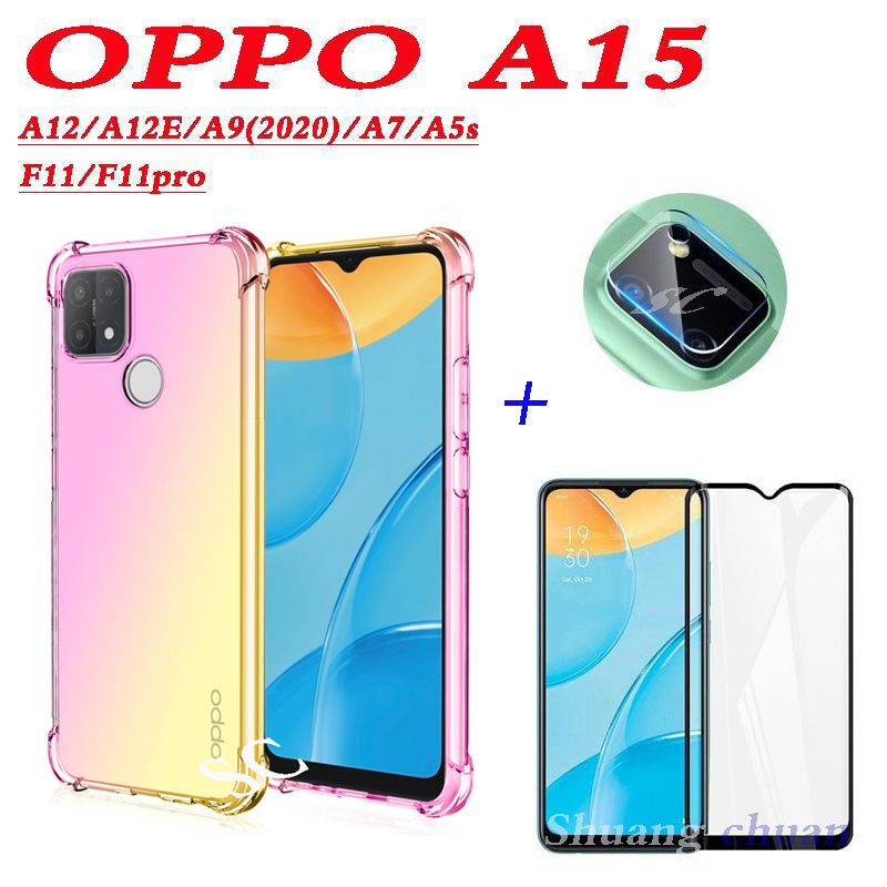 (3IN1) OPPO A15 A12 A12E A3S  A5S  A7 A5 A9() A5() four-corner drop-proof gradient color phone case + full screen coverage 9D tempered glass film + camera lens film
