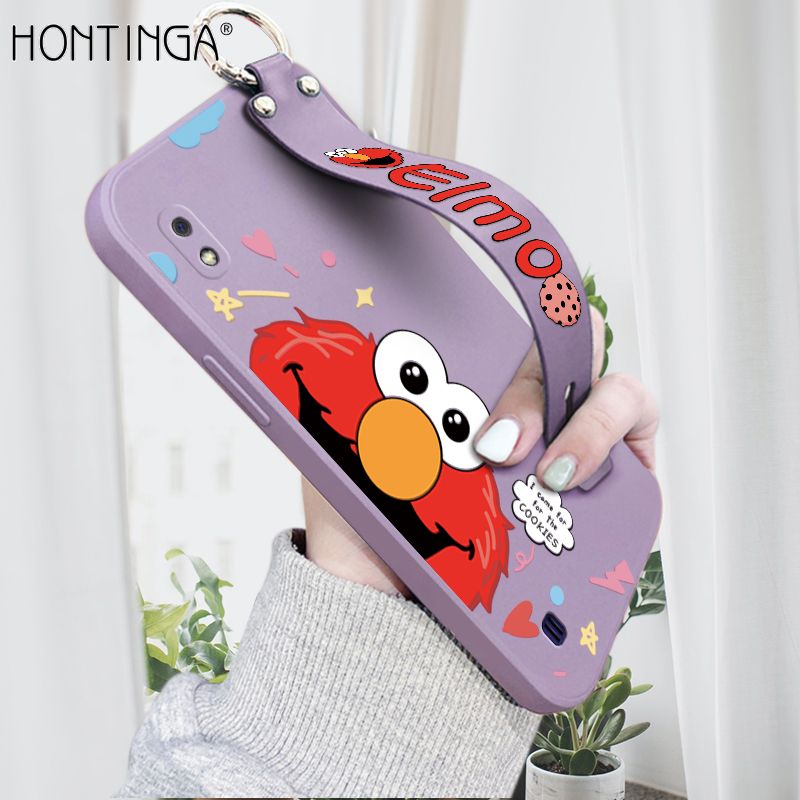 Hontinga for Samsung Galaxy A10 Wrist Strap Case Cute Cute Cartoon Little Monster Phone Cover Square Edge Liquid Silicone Case Full Cover Camera Shockproof Protective Cases