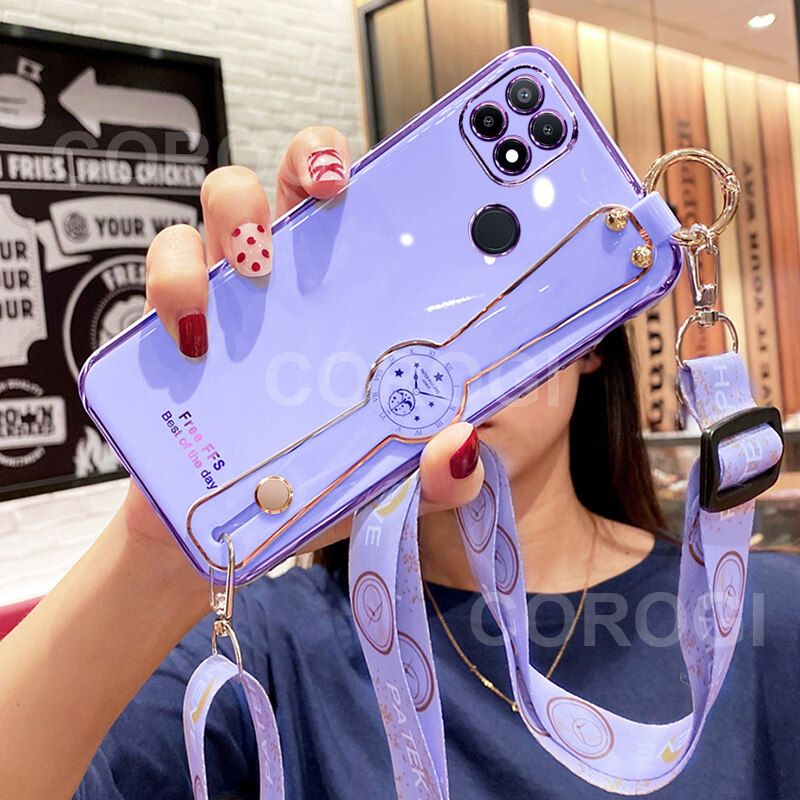 For OPPO A15s / OPPO A15 Cover with [Lanyard + Wrist Strap Stand Holder] Ultra Thin Plating Bumper Phone Case Camera Lens Protection Soft TPU Silicone Shockproof Protective Back Cover