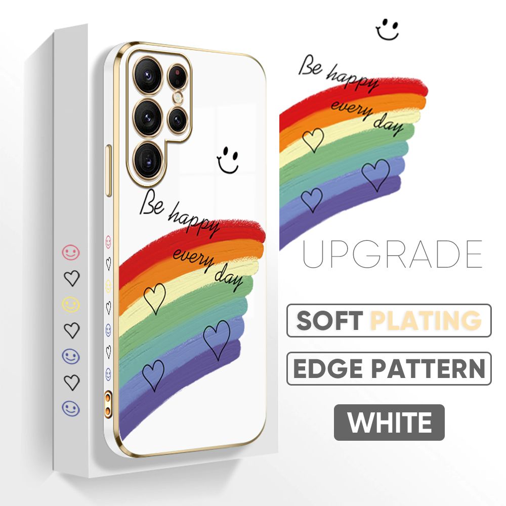Jizetin (Free Lanyard) Samsung Galaxy S22 Ultra 5G Back Cover Rainbow Luxury 6D Plating Case Side Pattern Soft Silicone Square Phone Cases