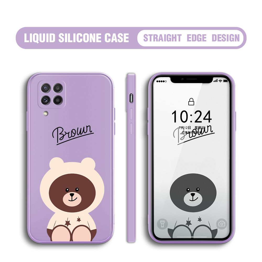 BILI for Samsung Galaxy Galaxy A22 / M22 Back Cover Brown Bear Multicolor Liquid Silicone Phone Case Soft Square Lens Protection Phone Cases