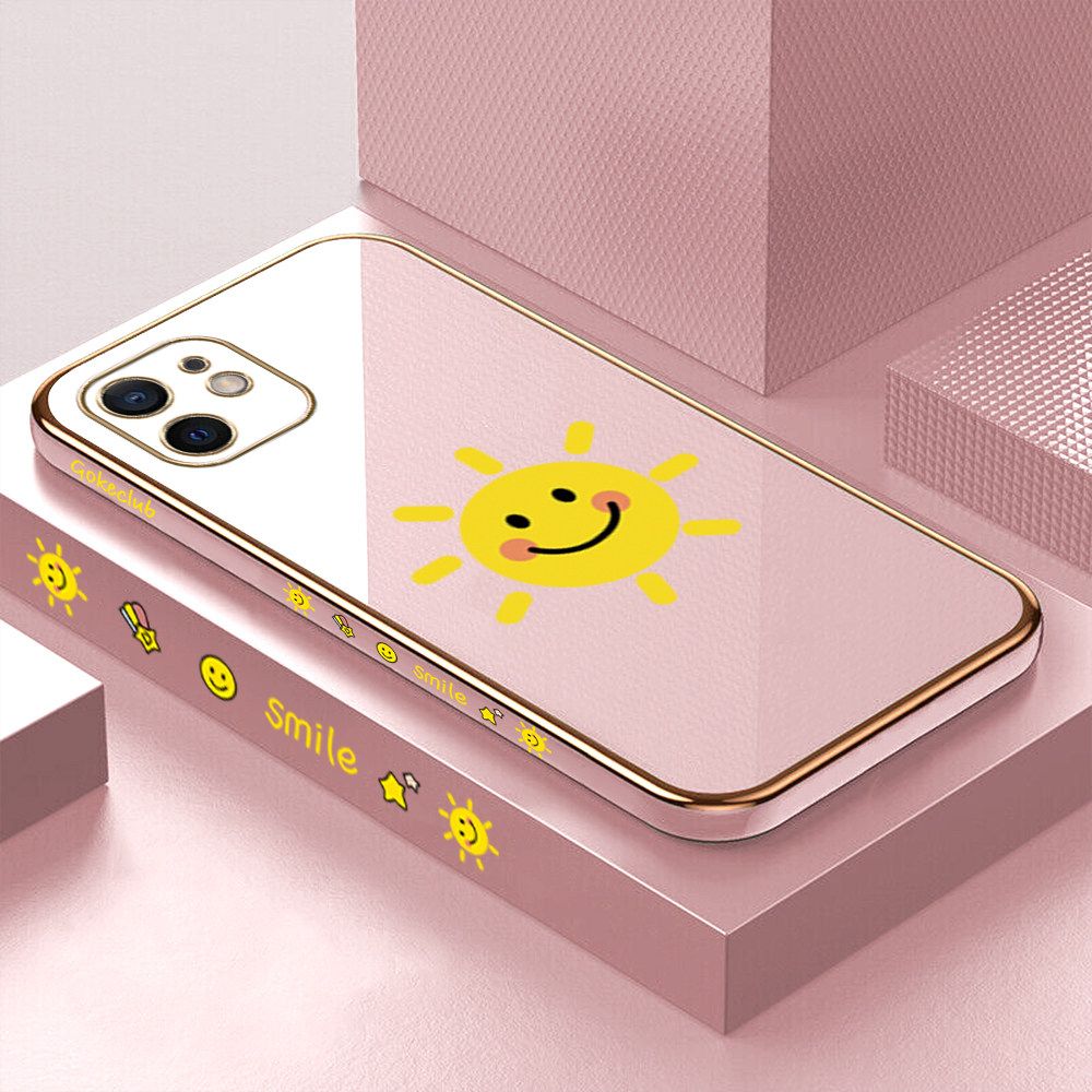 ZeroQiQi for iPhone 12 Mini Back Cover Smiling Sun Luxury 6D Plating Case Side Pattern Soft Silicone Square Phone Cases + Free Lanyard