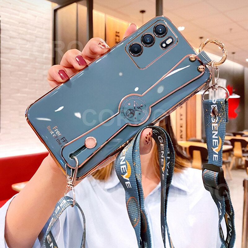 For OPPO Reno6 4G / Reno 6 4G Cover with [Lanyard + Wrist Strap Stand Holder] Ultra Thin Plating Bumper Phone Case Camera Lens Protection Soft TPU Silicone Shockproof Protective Back Cover
