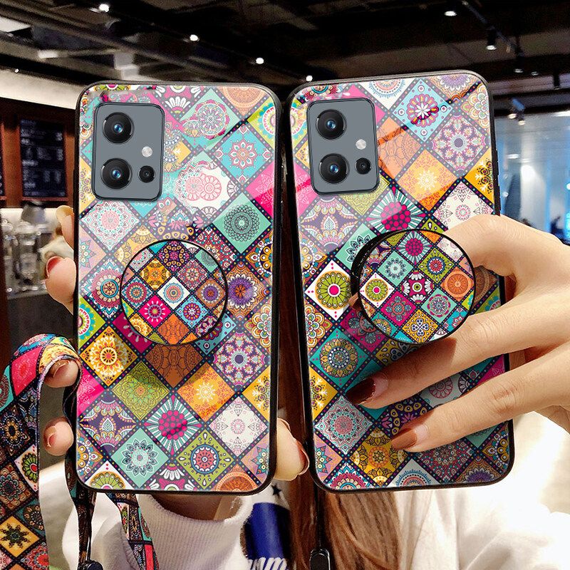 Phone Case For VIVO Y75 5G case Shiny Gold Foil Phone Soft with Bracket Lanyard Patterned Glass Shell for VIVO Y75 5G Protective Back Cover
