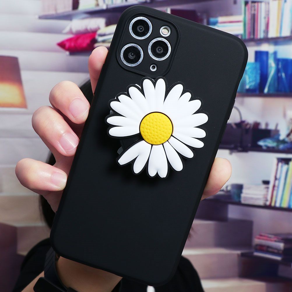 Fashion 3D Little Daisy Holder Stand Black Cases For Samsung Galaxy A50 A70 A40 A20e A30 A10 A10e A10s A51 A21 A81 A71 S20 Ultra S10+ S10 S10e S8 S9 A7 2018 Note 10 Lite Pro Plus Cover