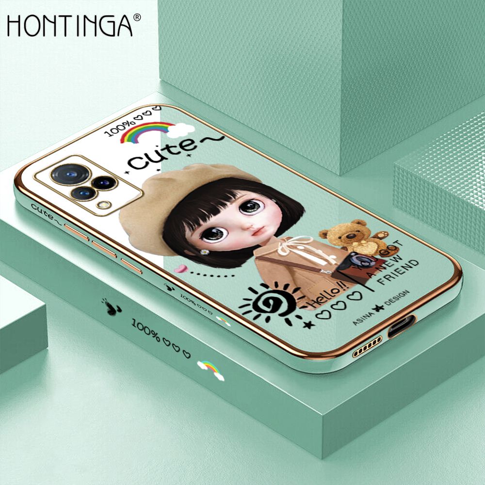 Hontinga for Vivo V21 5G / 4G Back Cover + Free Lanyard Luxury 6D Plating Cartoon Satchel Girl Side Pattern Case Soft Silicone Square Phone Cases