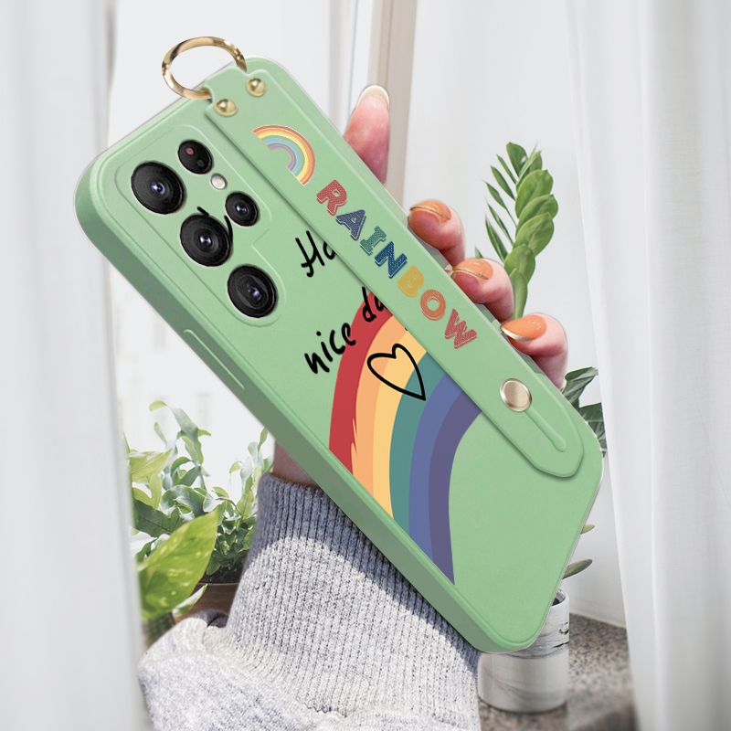 Jizetin for Samsung S22 Ultra 5G Back Cover Rainbow Smile Girls Wrist Strap Phone Case Candy Color shock proof Protective Phone Cases