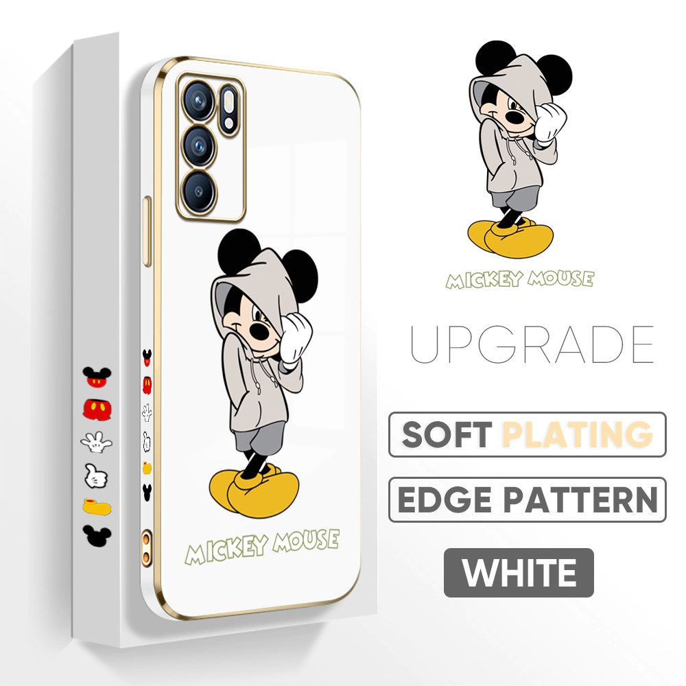 TA for OPPO Reno6 5G Back Cover + Free Lanyard Handsome Mouse Luxury 6D Plating Case Side Pattern Soft Silicone Square Phone Cases