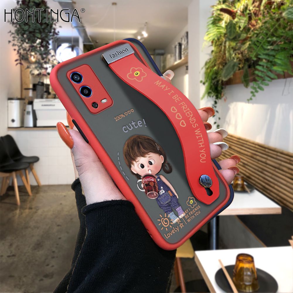 Hontinga for OPPO A55 Back Cover With Wristband Cola Girl Phone Casee Full Lens Protection Thin Frosted Cases