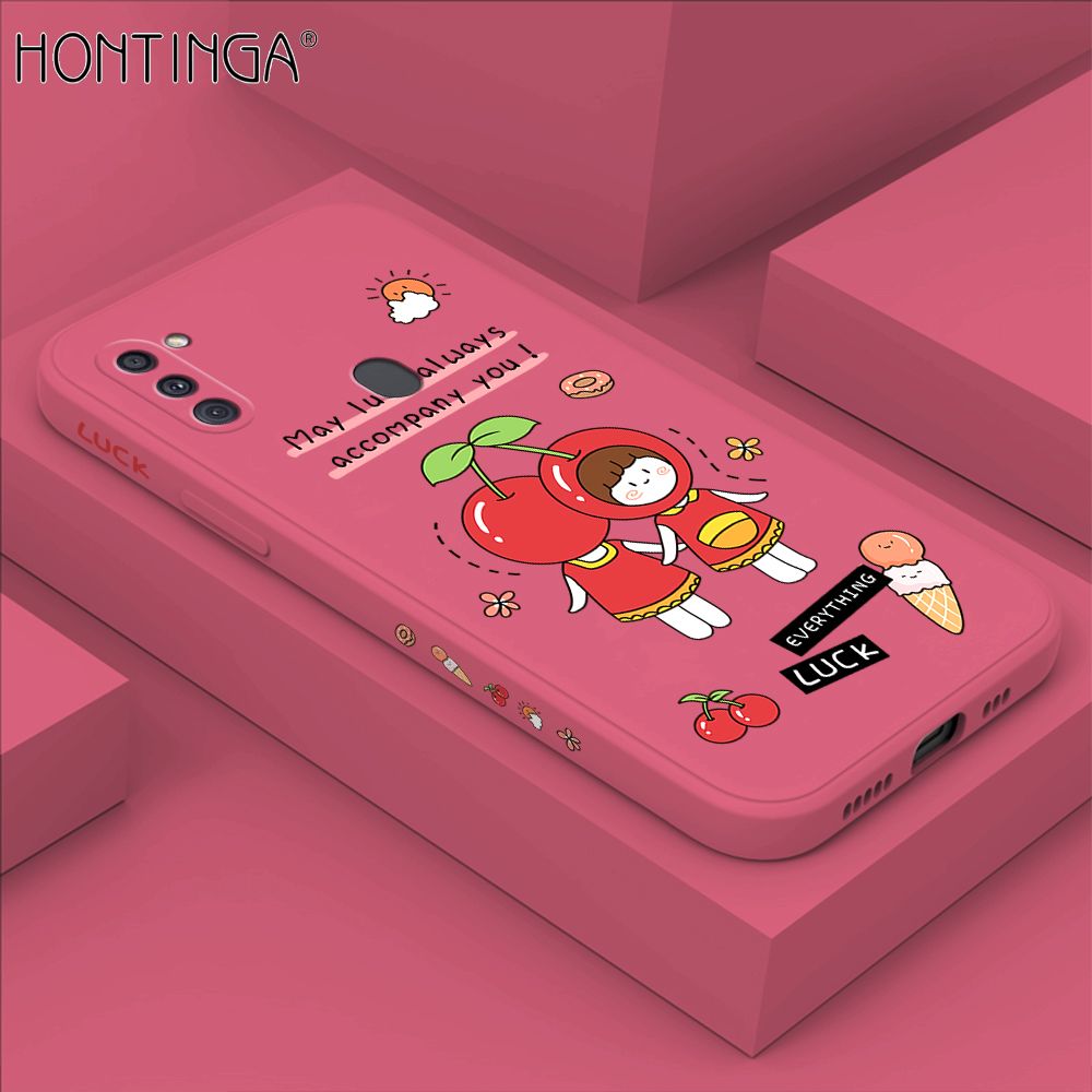Hontinga for Samsung A11 Case Side Design Cute Cherry Girl Back Cover Soft Square Edge Pattern Liquid Silicone Trend Phone Cases