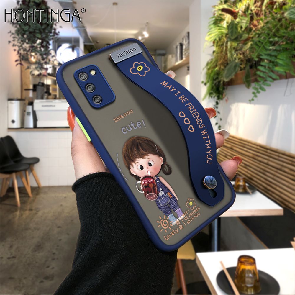Hontinga for Samsung A02S M02S Back Cover With Wristband Cola Girl Phone Casee Full Lens Protection Thin Frosted Cases