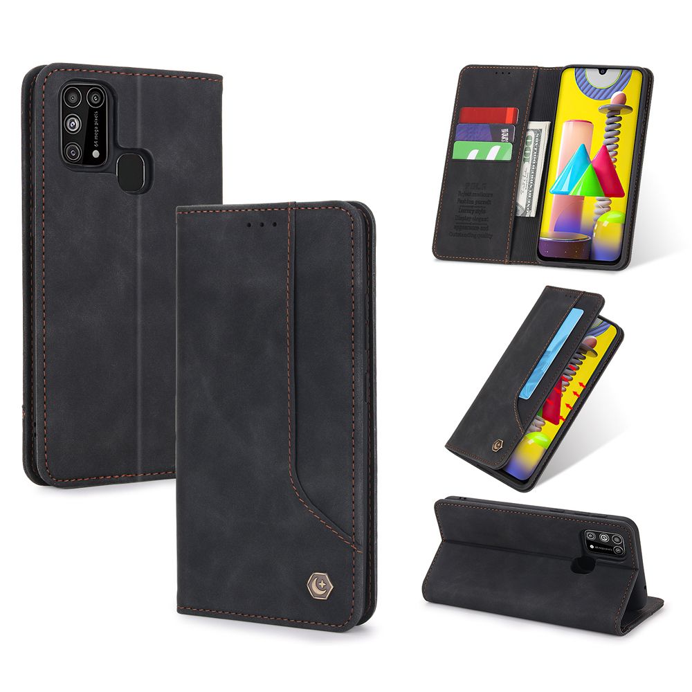 For Samsung Galaxy M31 Premium Retro Leather Magnetic Card Holder Case Shockproof TPU Inner Flip Stand Cover