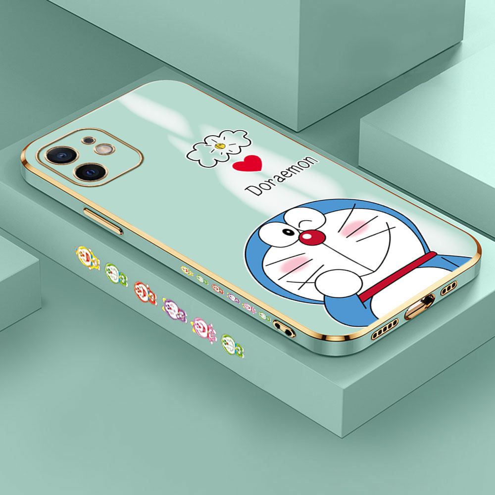 Hontinga for iPhone 12 Back Cover + Free Lanyard Luxury 6D Plating Grinning Cartoon Cat Side Pattern Case Soft Silicone Square Mobile Cover