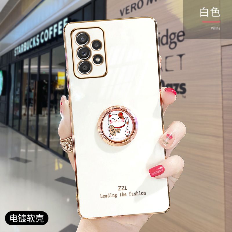 For Samsung Galaxy A52s 5G / A52 Cover + Ring Holder Stand Shiny Plating Square Bumper Phone Case Lens Protection Soft Silicone Shockproof Protective Back Cover