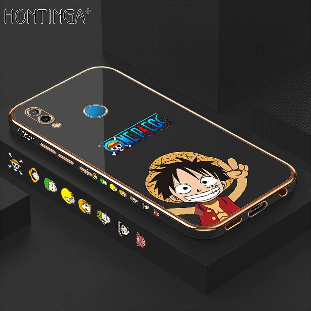 Hontinga for Huawei Nova 3E Case Luxury 6D Plating Soft Casing Silicone Square Frame Phone Cover Shiny Bling Side Print Anime Cartoon Happy Luffy Cases
