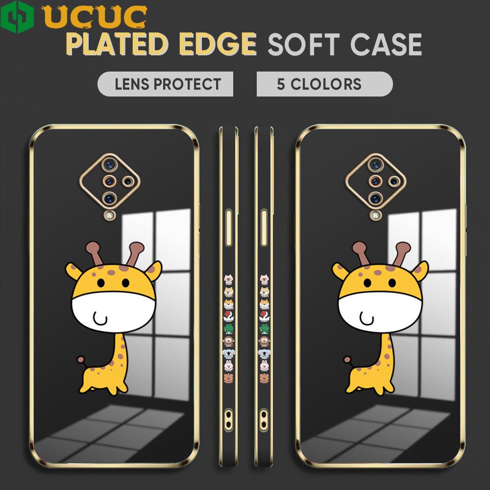 UCUC for Vivo S1 Pro Back Cover + Free Lanyard Big Head Giraffe Luxury 6D Plating Case Side Pattern Soft Silicone Square Phone Cases