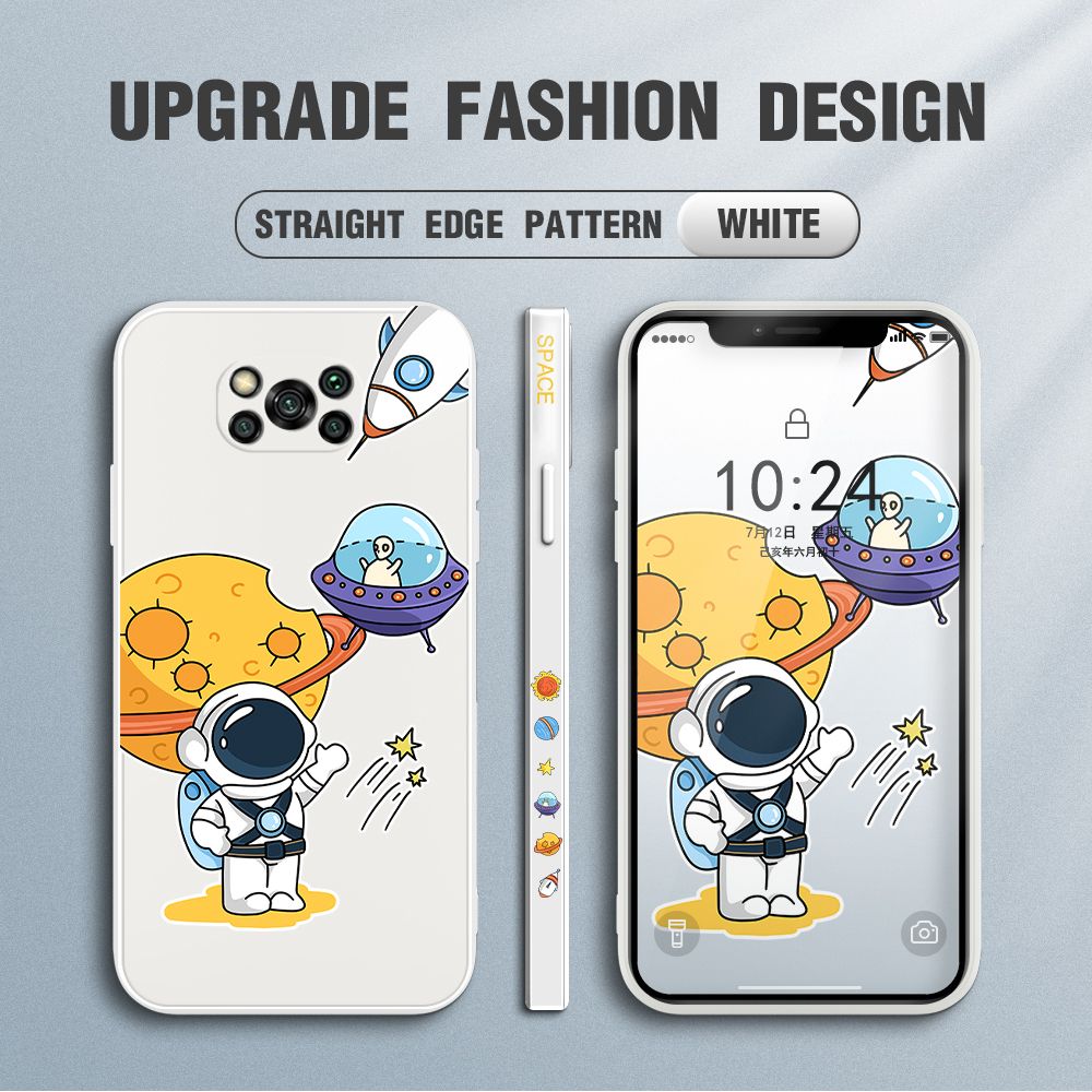 Jizetin for Xiaomi Poco X3 Pro / Poco X3 NFC Case Side Design Phone Cover Moon Space Astronaut Cover Square Edge Pattern Liquid Silicone Trend Case