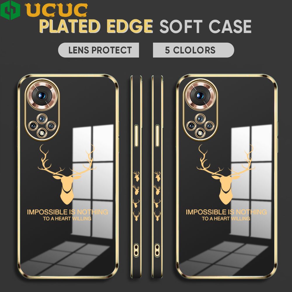 UCUC for Honor 50 Back Cover + Free Lanyard Simple Antlers Luxury 6D Plating Case Side Pattern Soft Silicone Square Phone Cases
