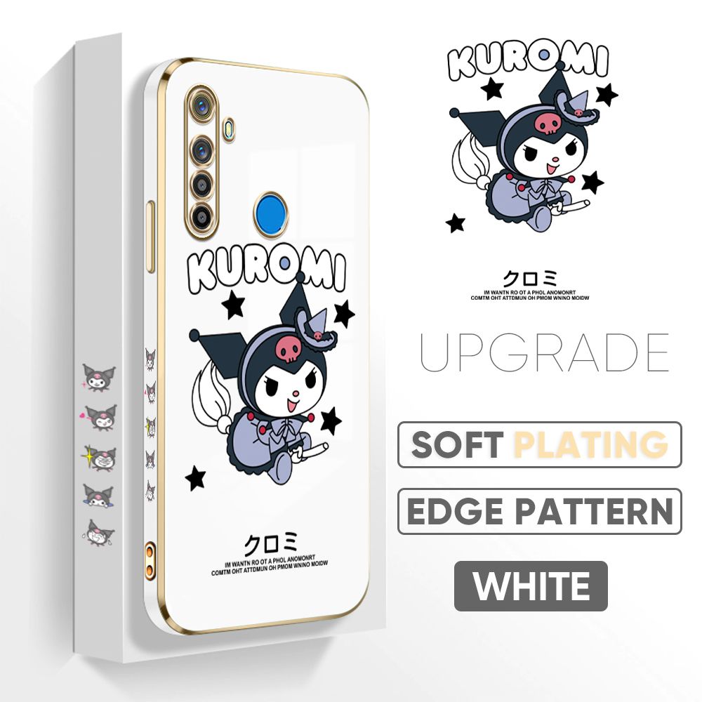 Jizetin (Free Lanyard) Realme 5i 5 5S / Realme 6i Cover Cute Kuromi Luxury 6D Plating Soft Casing Silicone Square Frame Phone Case Shiny Bling Back Cover