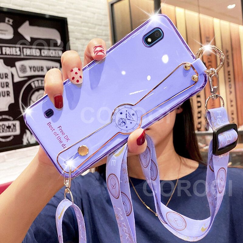 For Samsung Galaxy A10 Cover with [Lanyard + Wrist Strap Stand Holder] Ultra Thin Plating Bumper Phone Case Camera Lens Protection Soft TPU Silicone Shockproof Protective Back Cover
