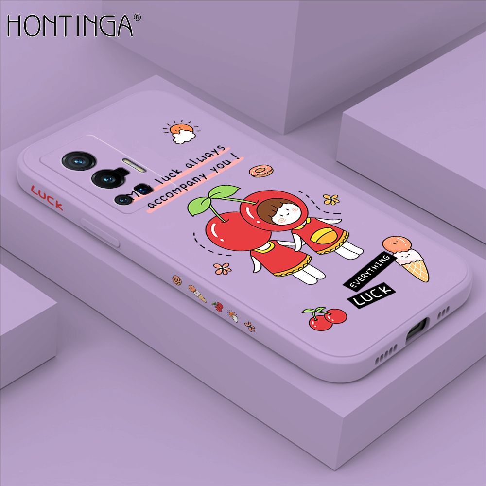 Hontinga for Vivo X70 Pro 5G Case Side Design Cute Cherry Girl Back Cover Soft Square Edge Pattern Liquid Silicone Trend Phone Cases