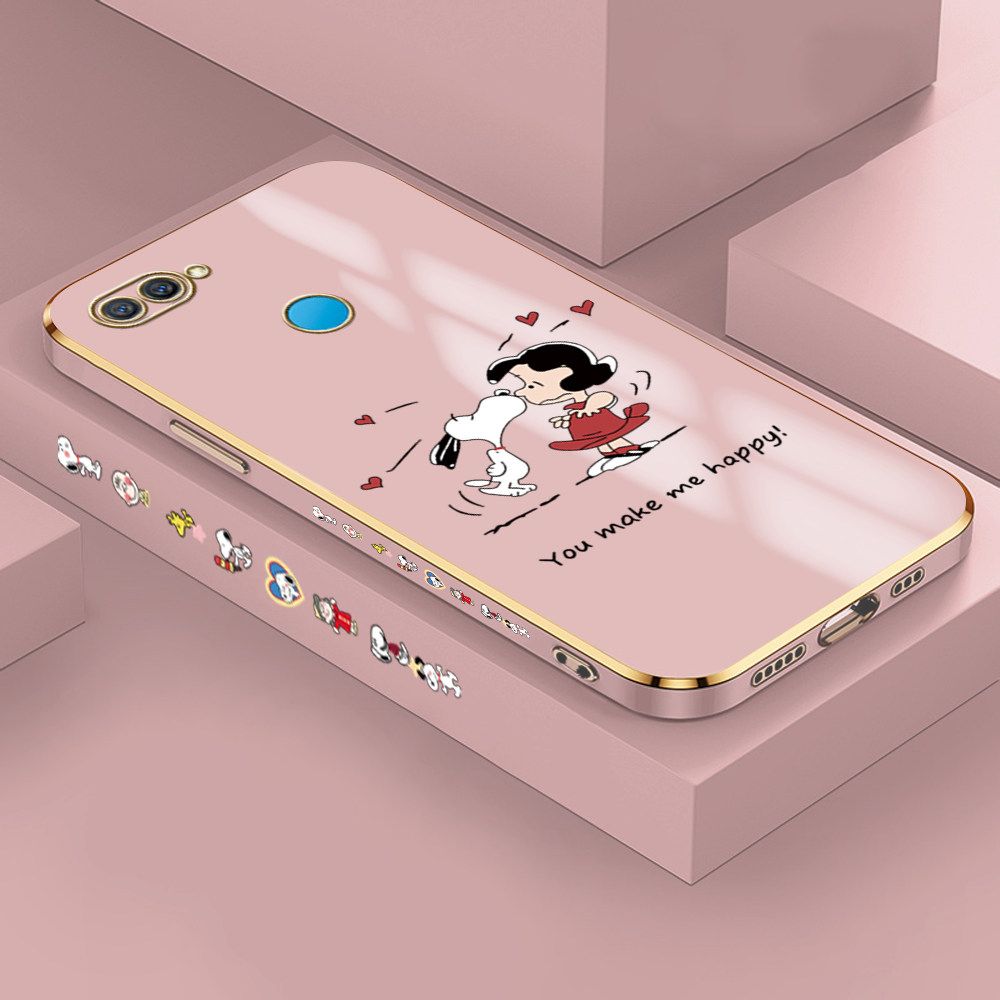 Jizetin (Free Lanyard) OPPO A7 Case Cute Puppy Little Girl Luxury 6D Plating Soft Casing Silicone Ultra Thin Phone Cover