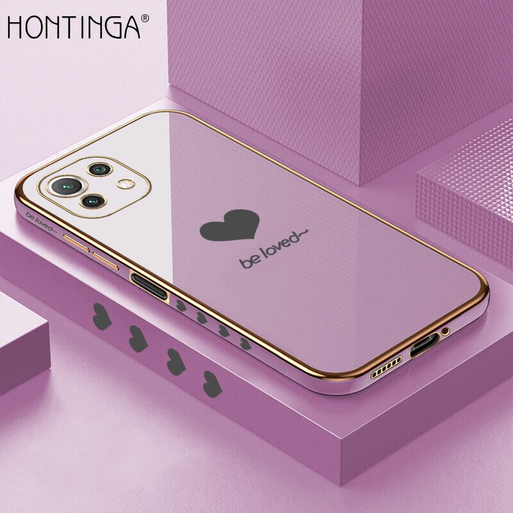 Hontinga for Xiaomi 11 Lite 5G NE Luxury 6D Plating Soft Casing Silicone Square Frame Phone Case Shiny Bling Back Cover Lover Heart Side Pattern Case