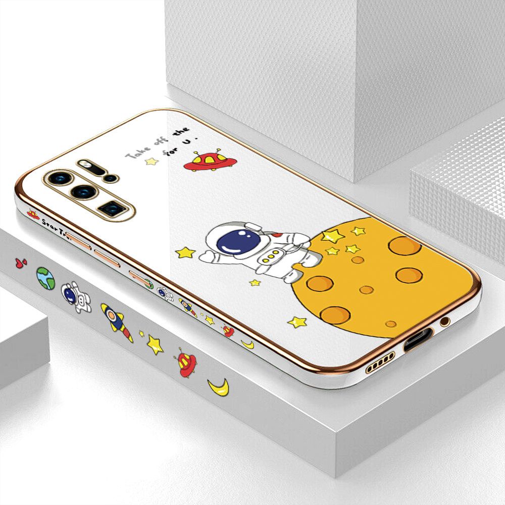 Luxury 6D Plating Case for Huawei P30 Pro Cute Cartoon Happy Astronaut Side Pattern Back Cover Soft Silicone Square Frame Shiny Bling Phone Cases + Free Lanyard