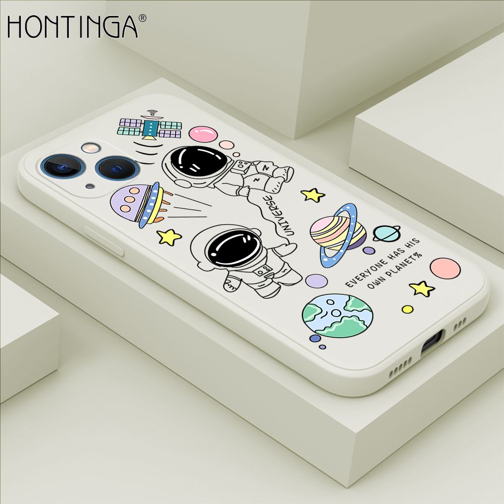 Hontinga for iPhone 13 Case Fashion Earth Planet Astronaut Phone Case Soft Square Edge Silicone Cases Full Lens Cover Shockproof Protection Cover